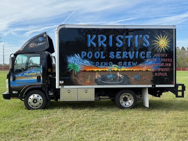 Kristi's Pool Service truck with vibrant pool-themed graphics parked on grass, promoting pool repair and remodeling services.